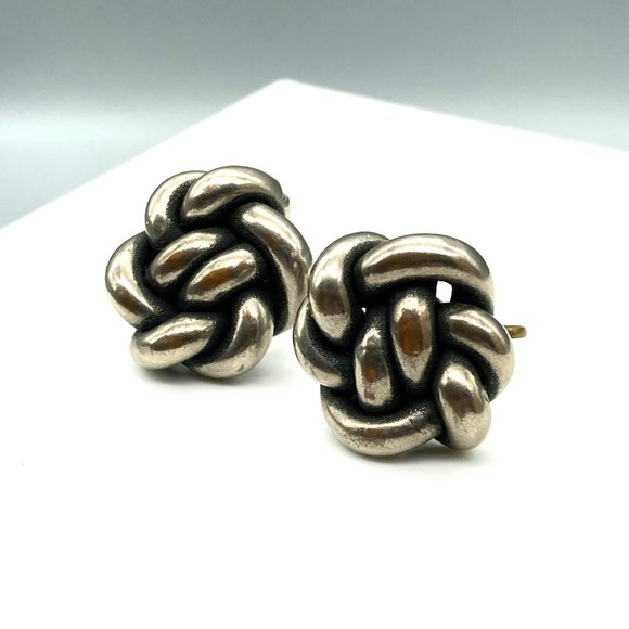 Vintage Distressed Knot Earrings, Great Grunge Vibes, Silver Tone Screw Back - Picture 4 of 6